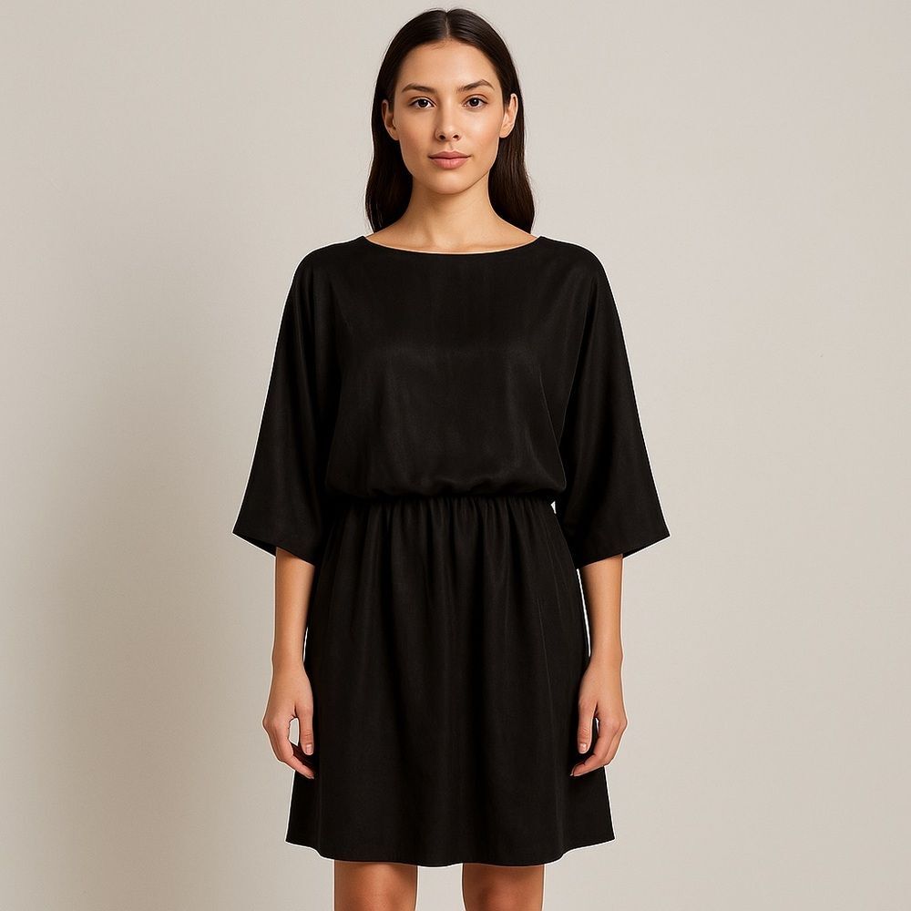 Vintage Elegant Black Women's 3/4 Sleeves Knee Length Dress Small Medium